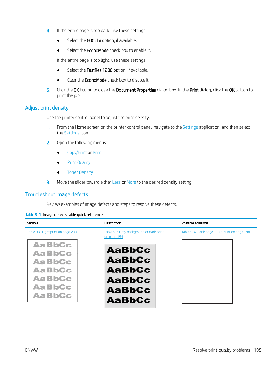 Adjust print density, Troubleshoot image defects, Adjust print density troubleshoot image defects | HP MFP M528f Monochrome Laser Printer User Manual | Page 209 / 248