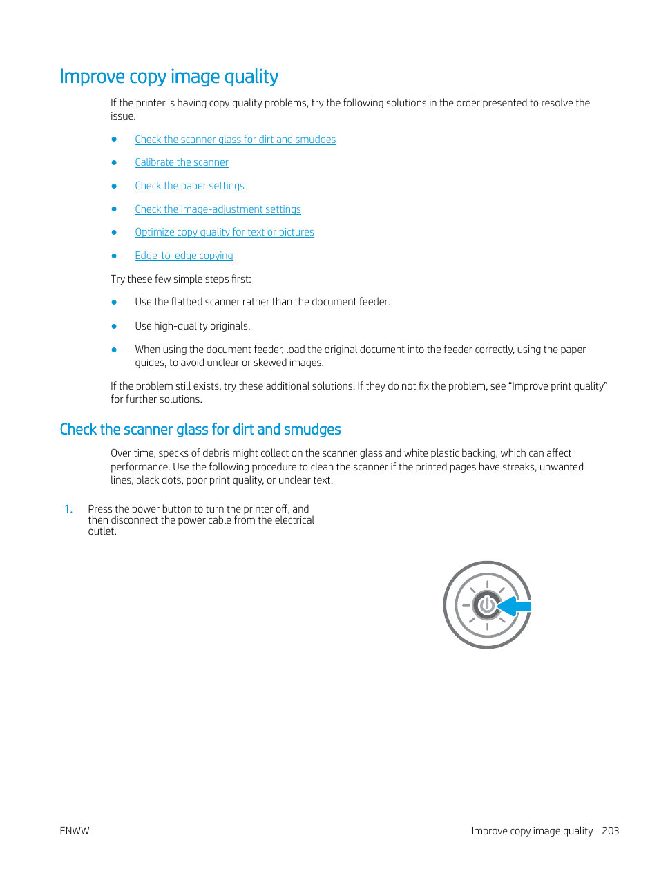 Improve copy image quality, Check the scanner glass for dirt and smudges | HP MFP M528f Monochrome Laser Printer User Manual | Page 217 / 248