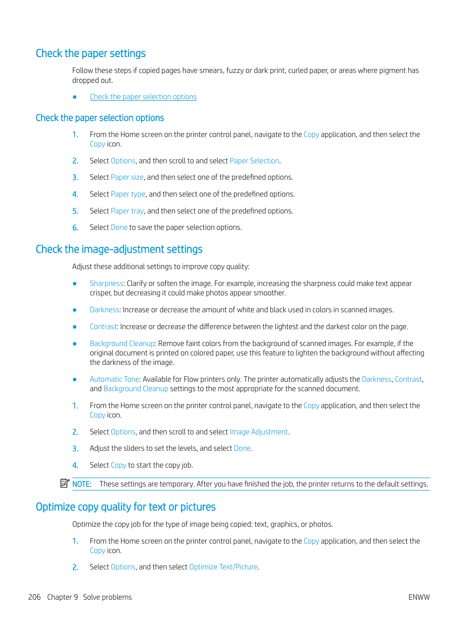 Check the paper settings, Check the paper selection options, Check the image-adjustment settings | Optimize copy quality for text or pictures | HP MFP M528f Monochrome Laser Printer User Manual | Page 220 / 248