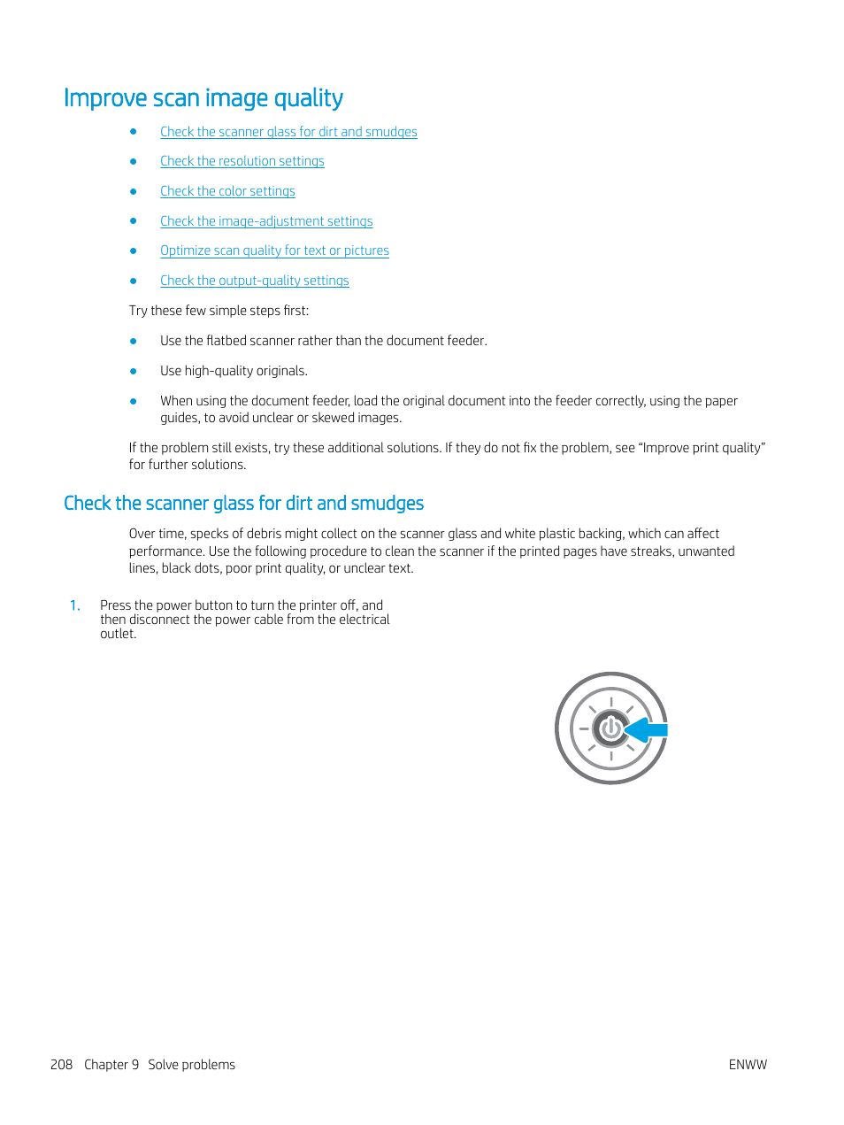 Improve scan image quality, Check the scanner glass for dirt and smudges | HP MFP M528f Monochrome Laser Printer User Manual | Page 222 / 248