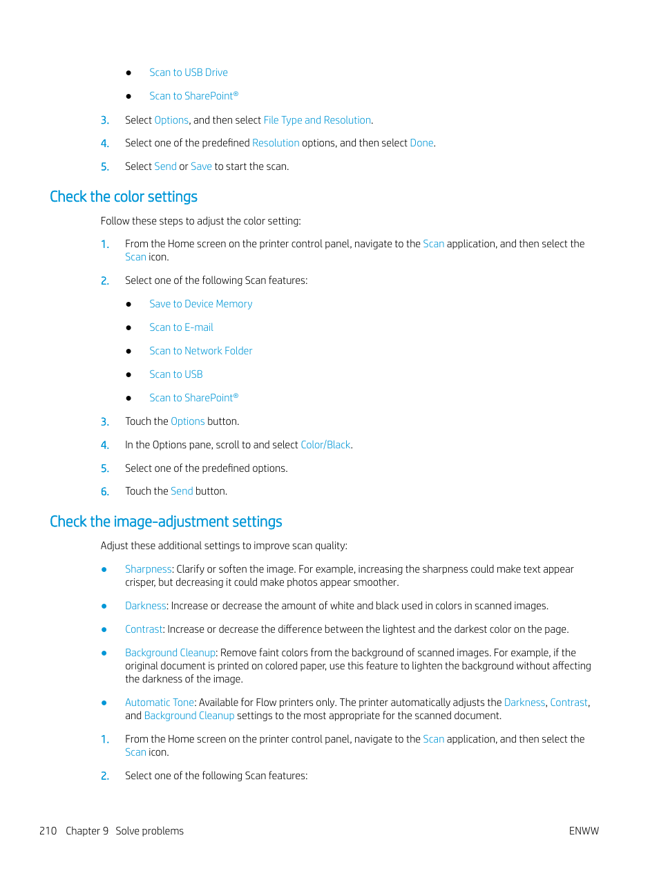 Check the color settings, Check the image-adjustment settings | HP MFP M528f Monochrome Laser Printer User Manual | Page 224 / 248