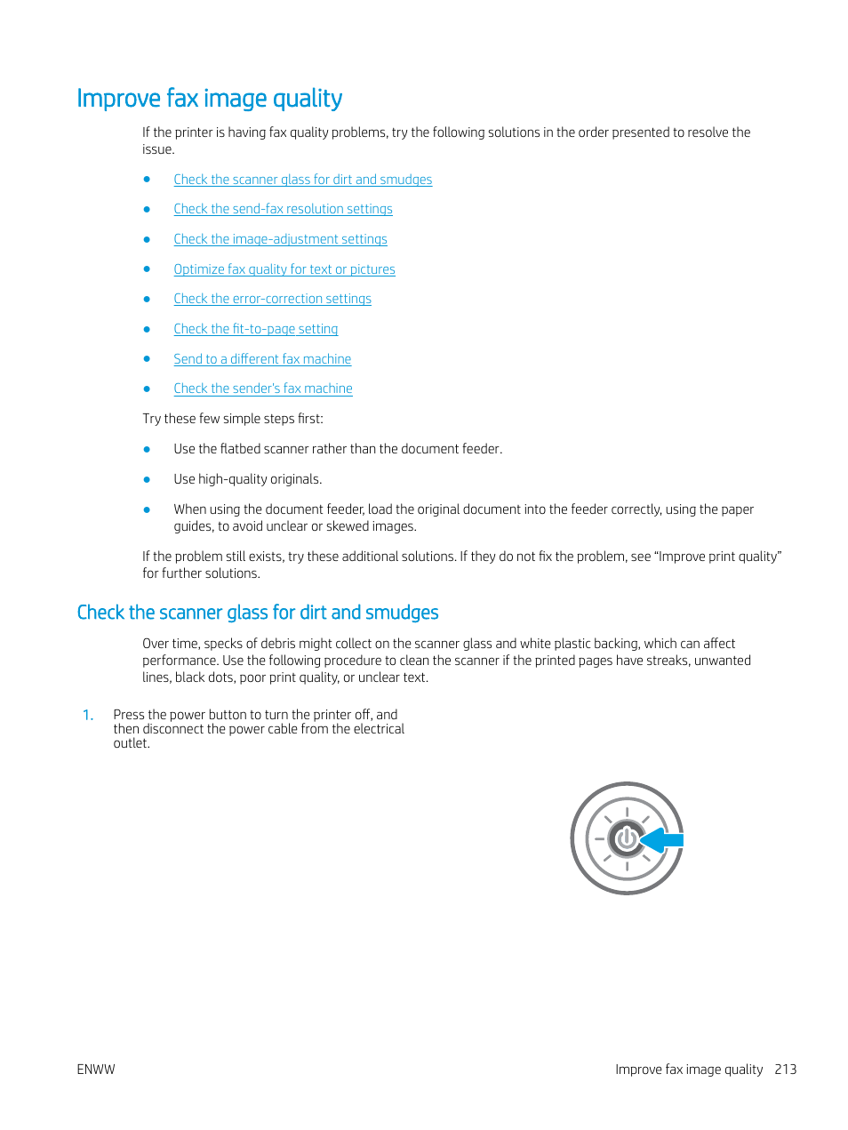 Improve fax image quality, Check the scanner glass for dirt and smudges | HP MFP M528f Monochrome Laser Printer User Manual | Page 227 / 248