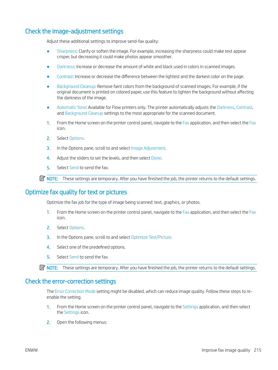 Check the image-adjustment settings, Optimize fax quality for text or pictures, Check the error-correction settings | HP MFP M528f Monochrome Laser Printer User Manual | Page 229 / 248