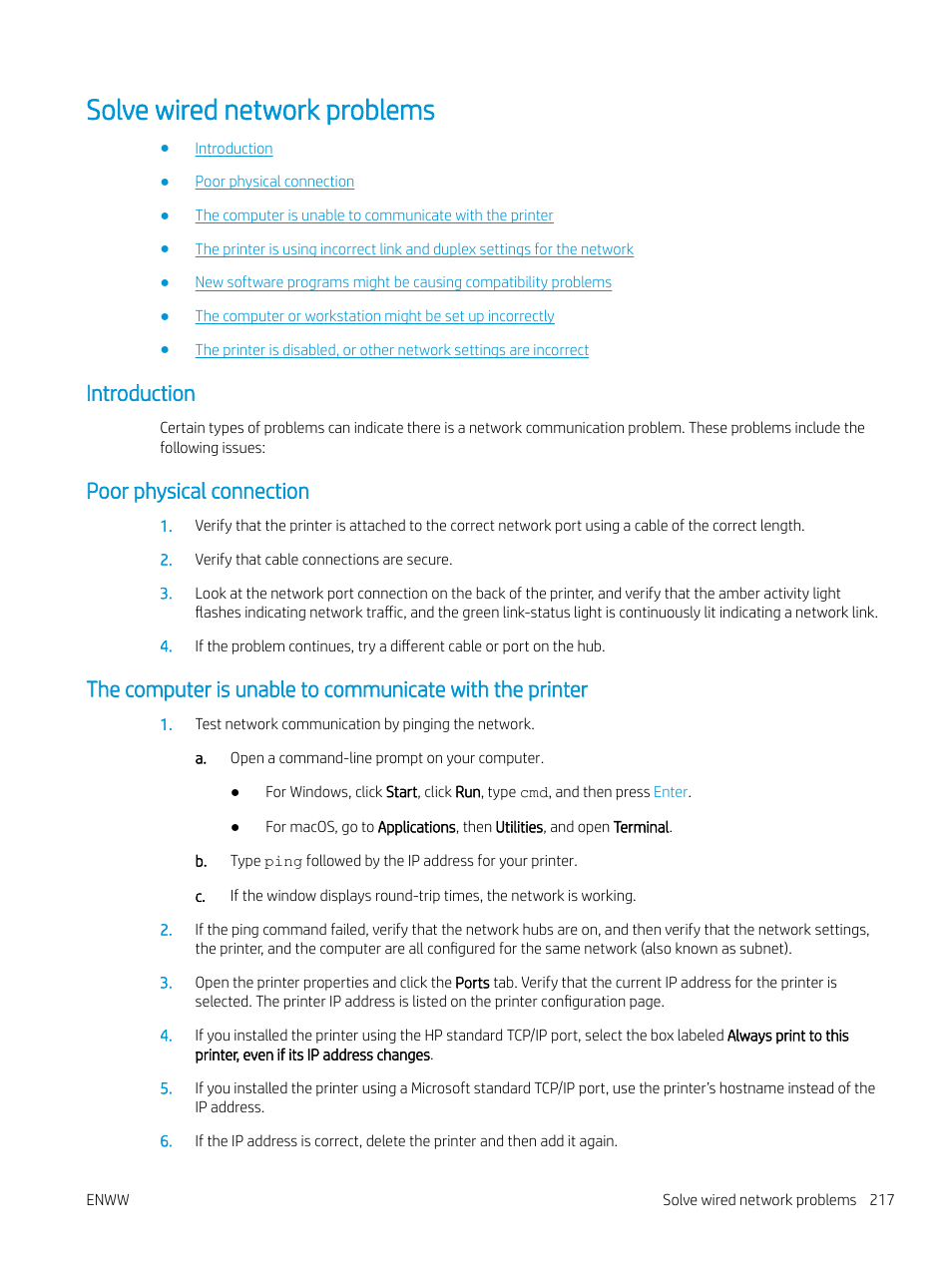 Solve wired network problems, Introduction, Poor physical connection | HP MFP M528f Monochrome Laser Printer User Manual | Page 231 / 248
