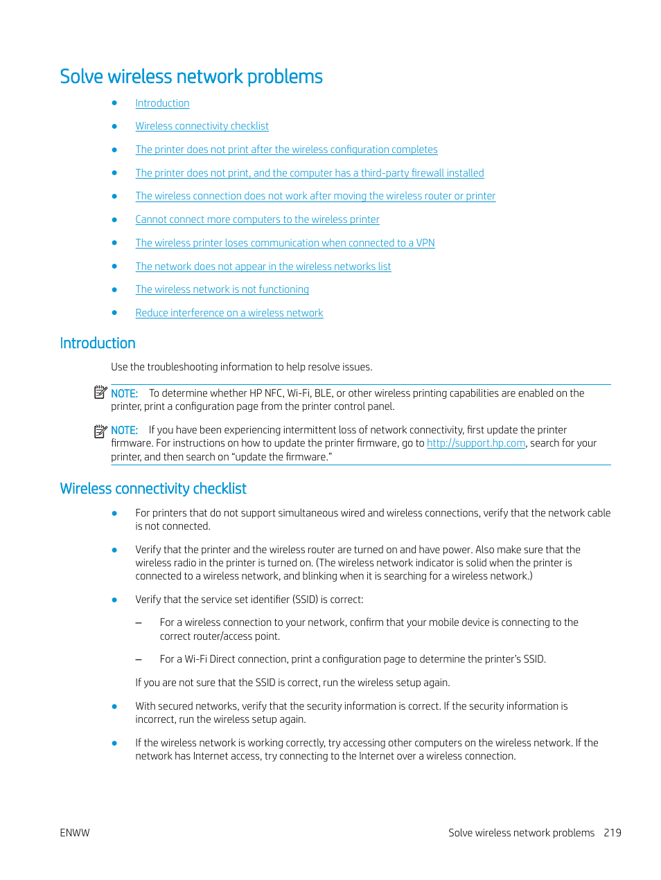 Solve wireless network problems, Introduction, Wireless connectivity checklist | Introduction wireless connectivity checklist | HP MFP M528f Monochrome Laser Printer User Manual | Page 233 / 248