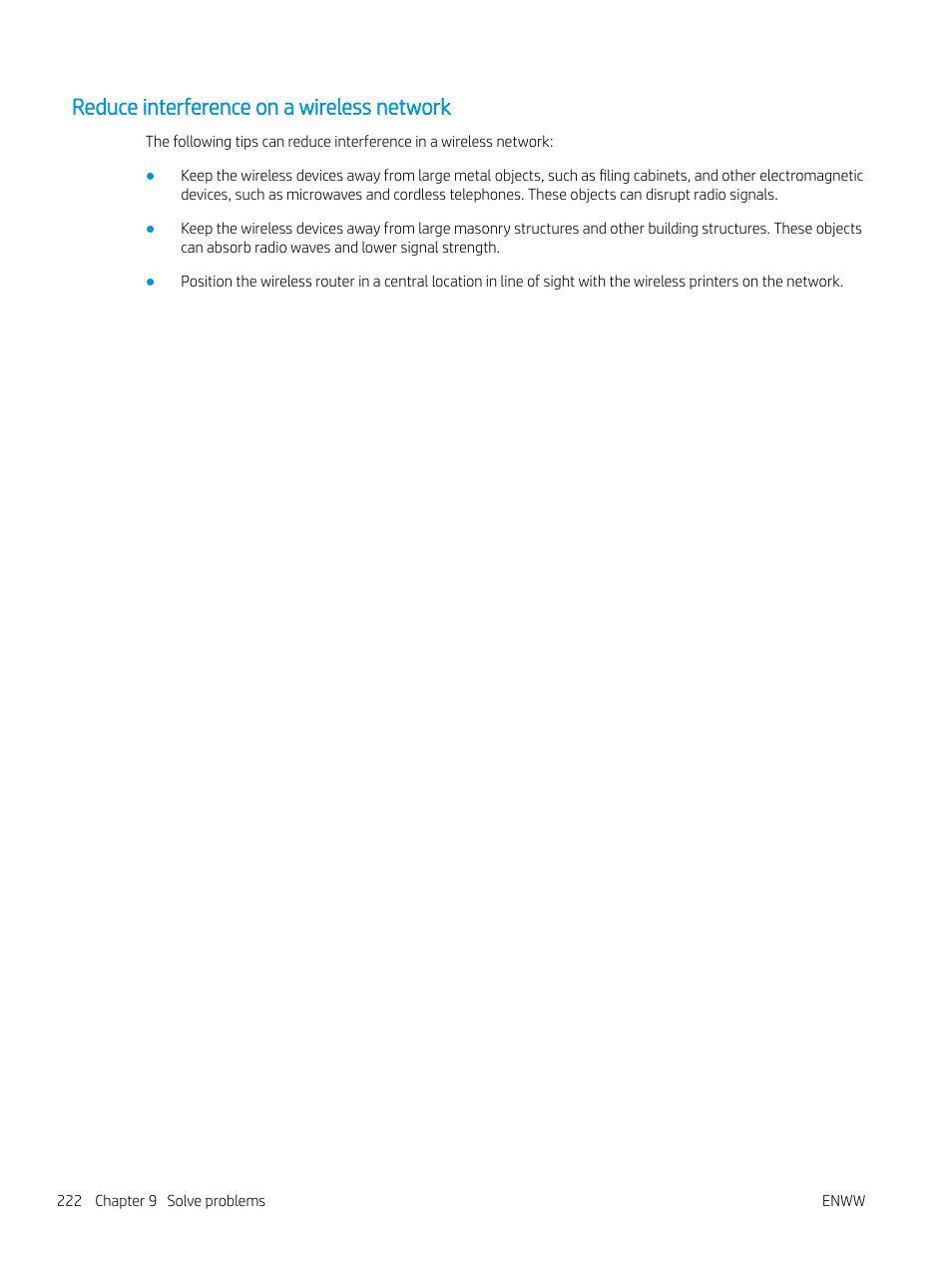 Reduce interference on a wireless network | HP MFP M528f Monochrome Laser Printer User Manual | Page 236 / 248