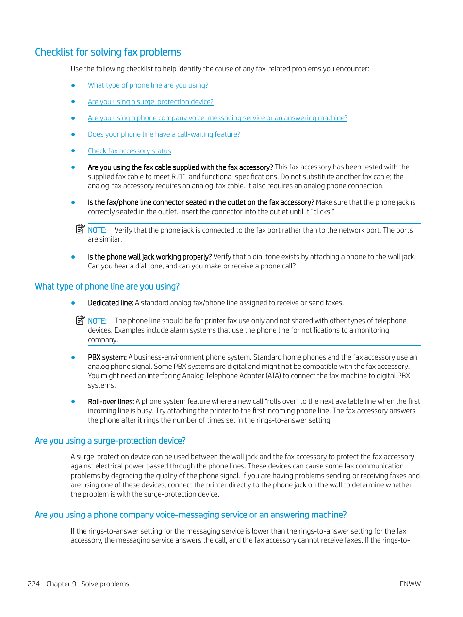 Checklist for solving fax problems, What type of phone line are you using, Are you using a surge-protection device | HP MFP M528f Monochrome Laser Printer User Manual | Page 238 / 248