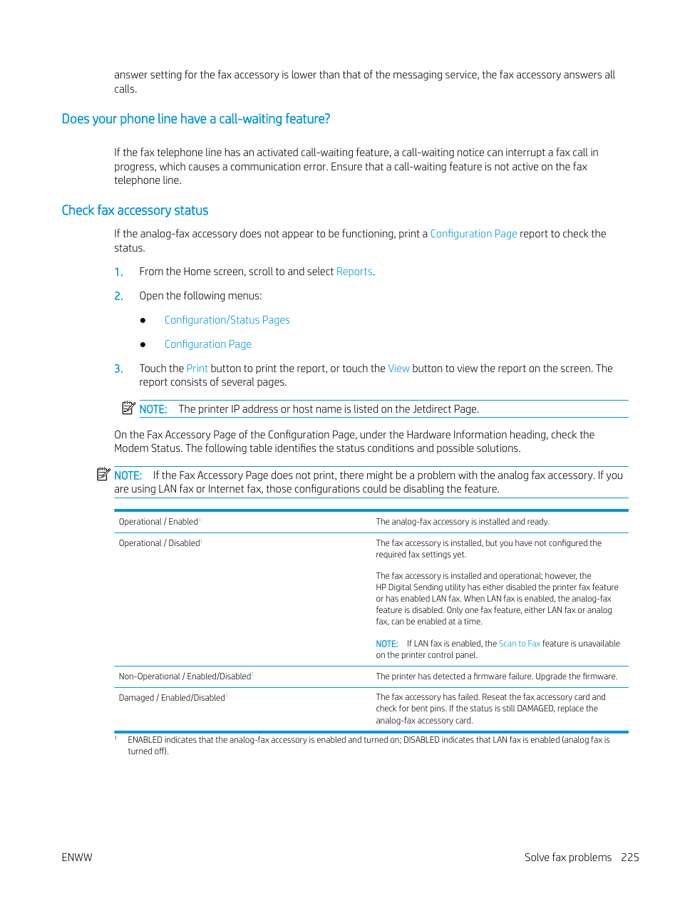 Does your phone line have a call-waiting feature, Check fax accessory status | HP MFP M528f Monochrome Laser Printer User Manual | Page 239 / 248