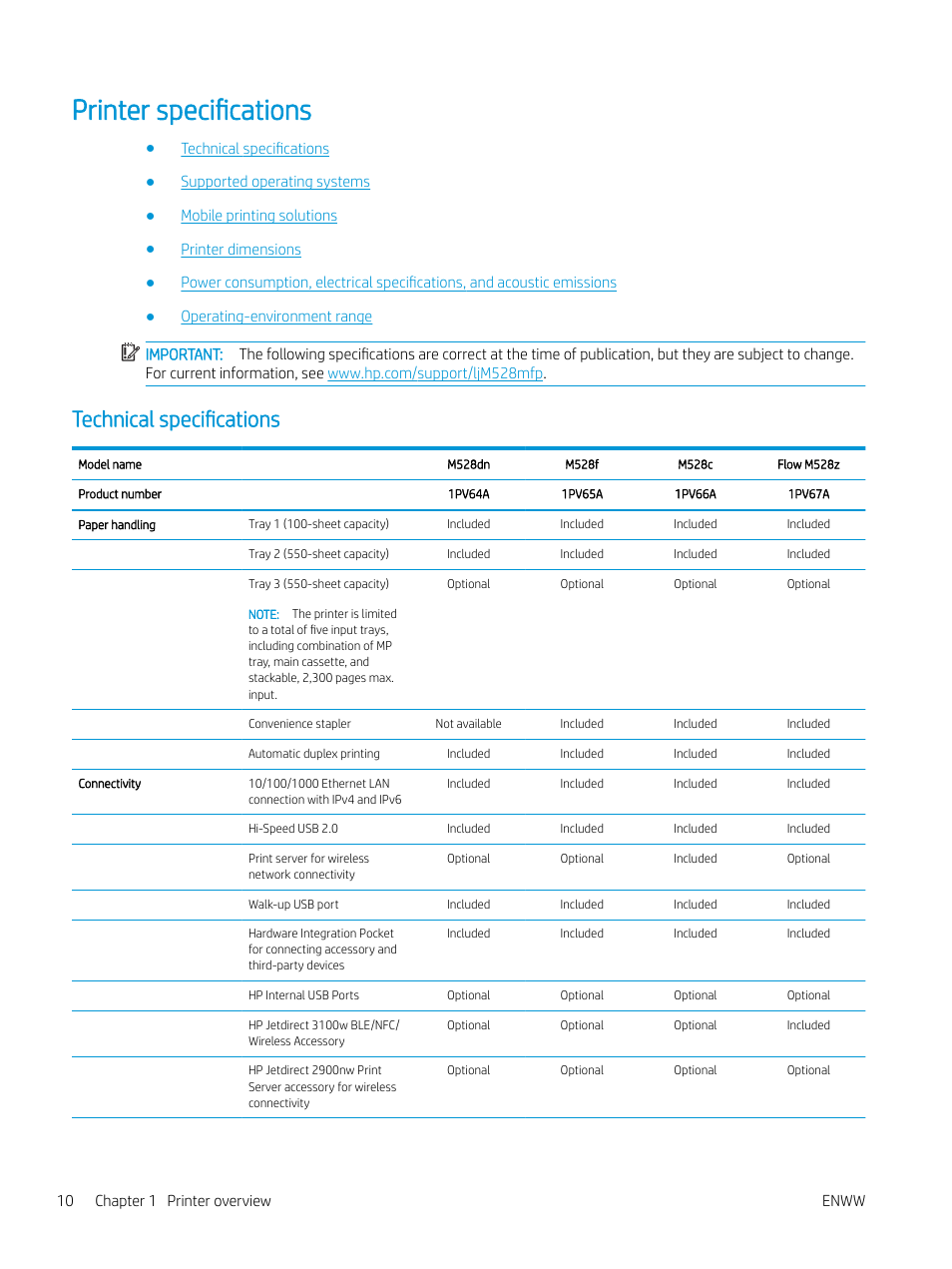 Printer specifications, Technical specifications | HP MFP M528f Monochrome Laser Printer User Manual | Page 24 / 248