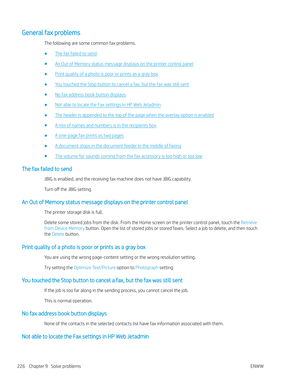 General fax problems, The fax failed to send, No fax address book button displays | HP MFP M528f Monochrome Laser Printer User Manual | Page 240 / 248