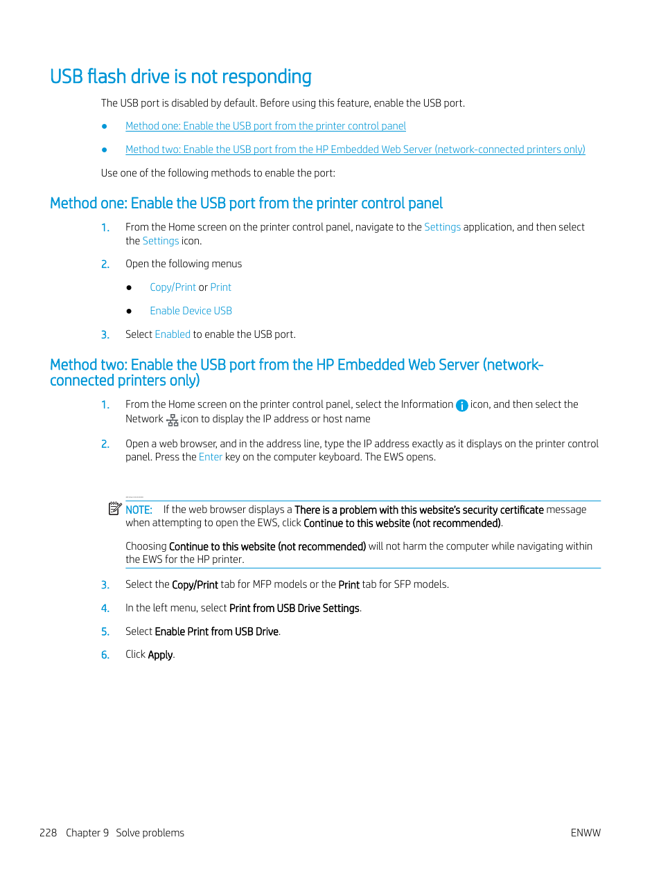 Usb flash drive is not responding | HP MFP M528f Monochrome Laser Printer User Manual | Page 242 / 248