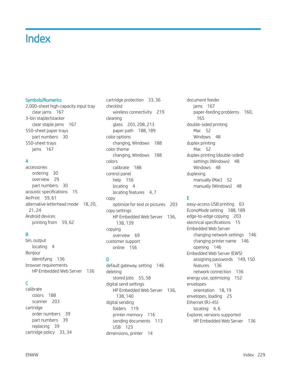 Index | HP MFP M528f Monochrome Laser Printer User Manual | Page 243 / 248