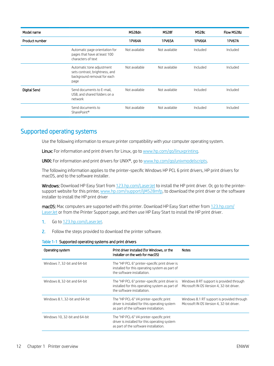 Supported operating systems | HP MFP M528f Monochrome Laser Printer User Manual | Page 26 / 248