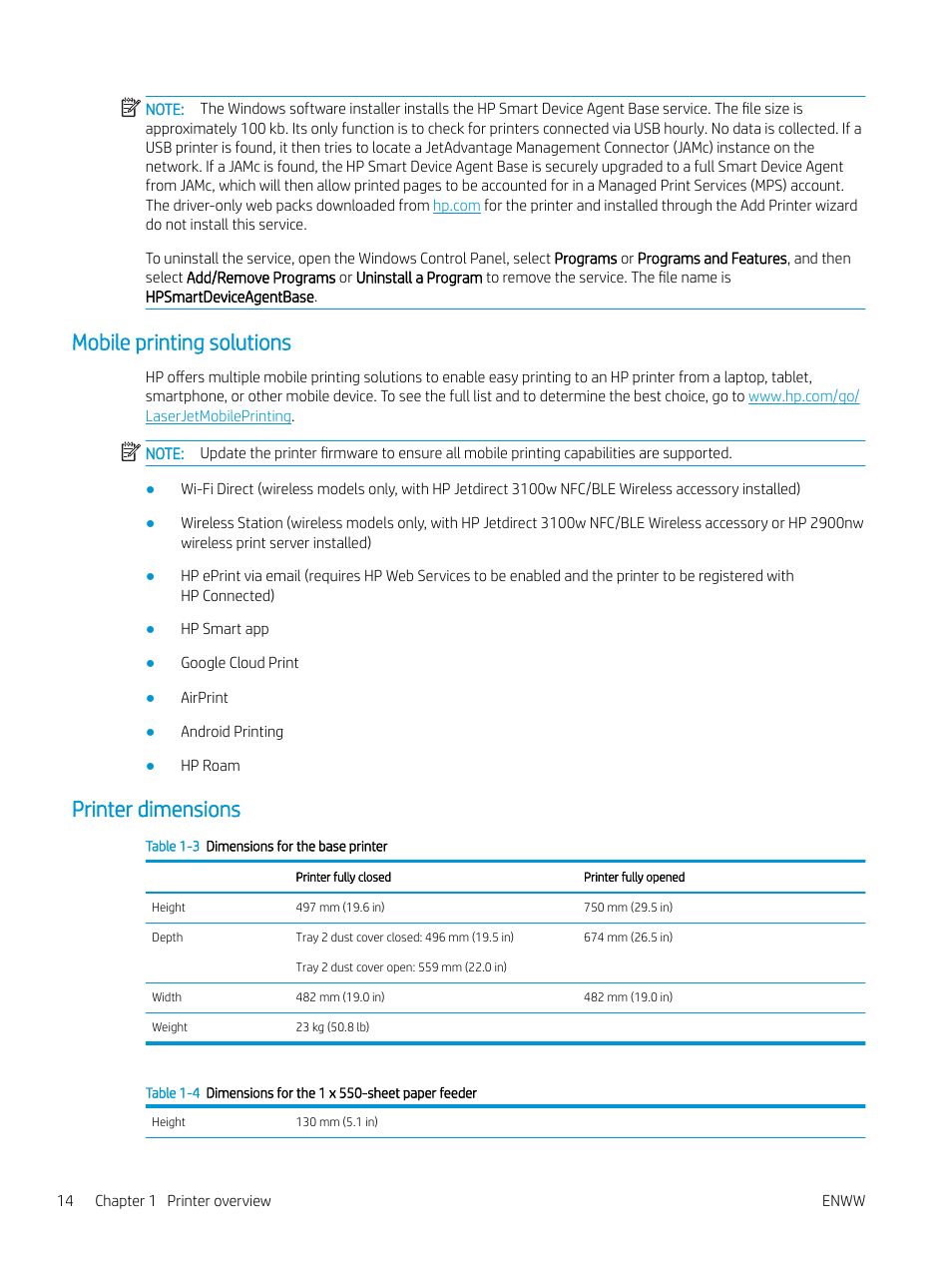Mobile printing solutions, Printer dimensions, Mobile printing solutions printer dimensions | HP MFP M528f Monochrome Laser Printer User Manual | Page 28 / 248