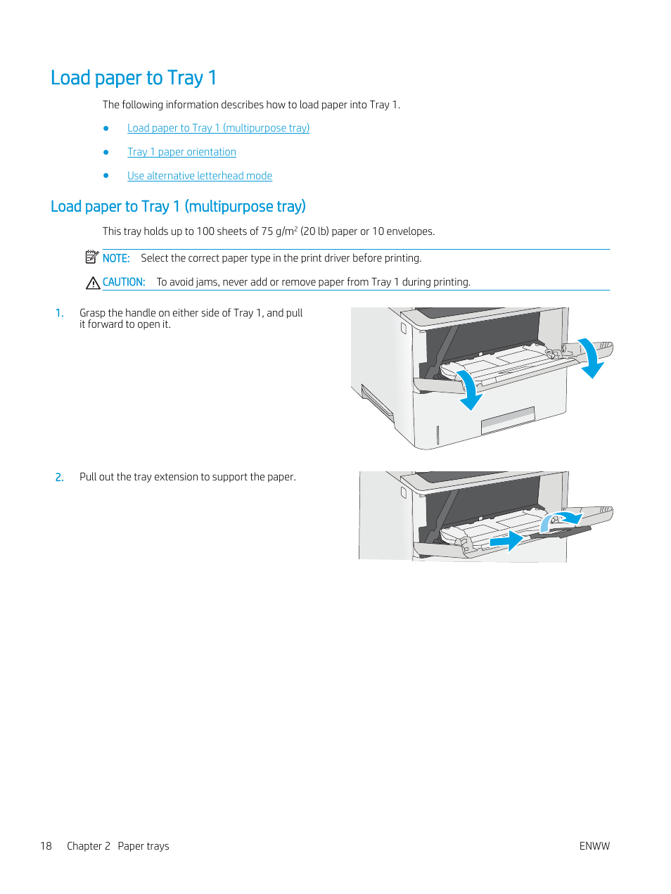 Load paper to tray 1, Load paper to tray 1 (multipurpose tray) | HP MFP M528f Monochrome Laser Printer User Manual | Page 32 / 248