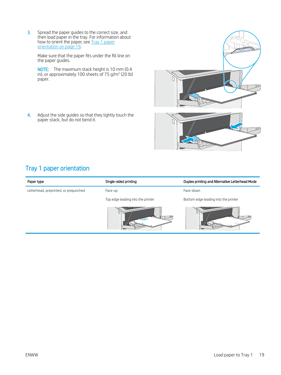 Tray 1 paper orientation | HP MFP M528f Monochrome Laser Printer User Manual | Page 33 / 248