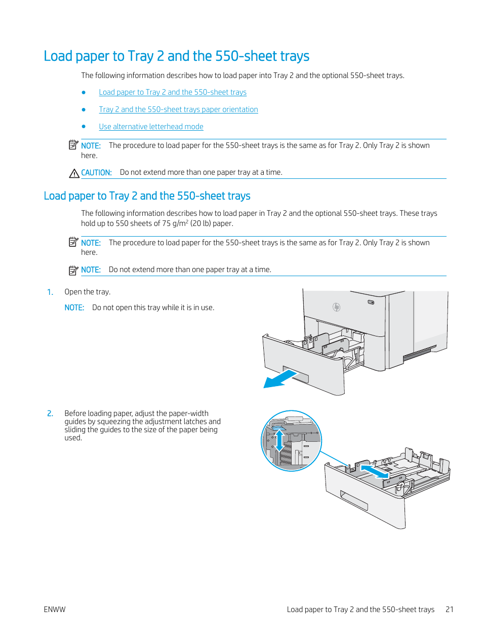 Load paper to tray 2 and the 550-sheet trays | HP MFP M528f Monochrome Laser Printer User Manual | Page 35 / 248