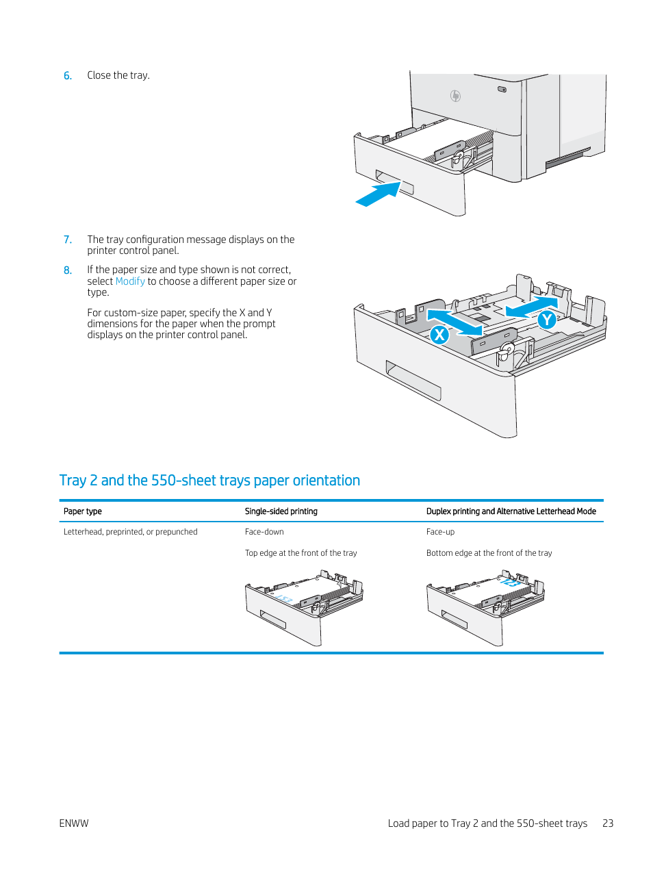 Tray 2 and the 550-sheet trays paper orientation | HP MFP M528f Monochrome Laser Printer User Manual | Page 37 / 248