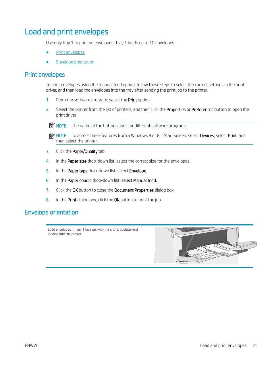 Load and print envelopes, Print envelopes, Envelope orientation | HP MFP M528f Monochrome Laser Printer User Manual | Page 39 / 248