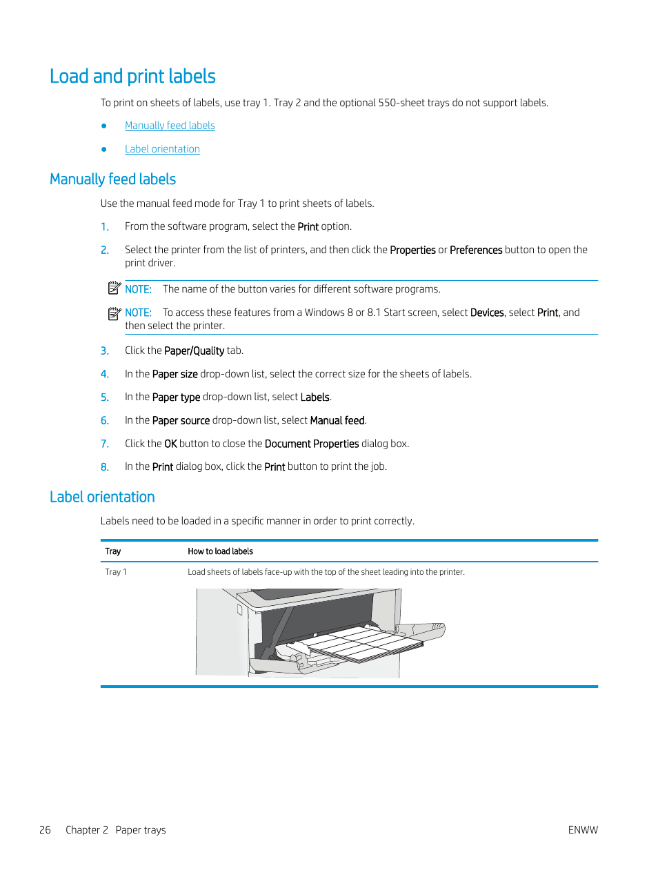 Load and print labels, Manually feed labels, Label orientation | Manually feed labels label orientation | HP MFP M528f Monochrome Laser Printer User Manual | Page 40 / 248