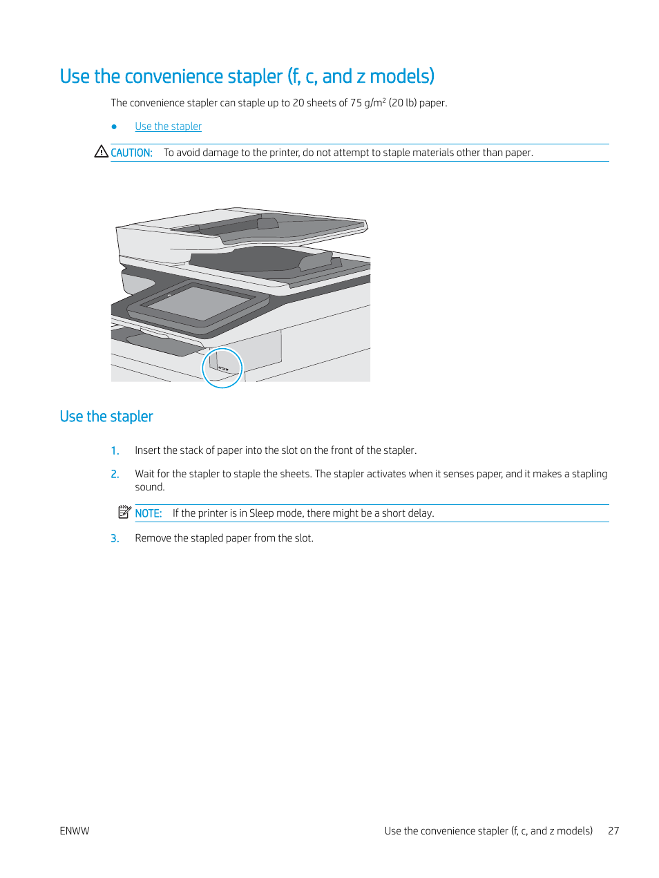 Use the convenience stapler (f, c, and z models), Use the stapler | HP MFP M528f Monochrome Laser Printer User Manual | Page 41 / 248
