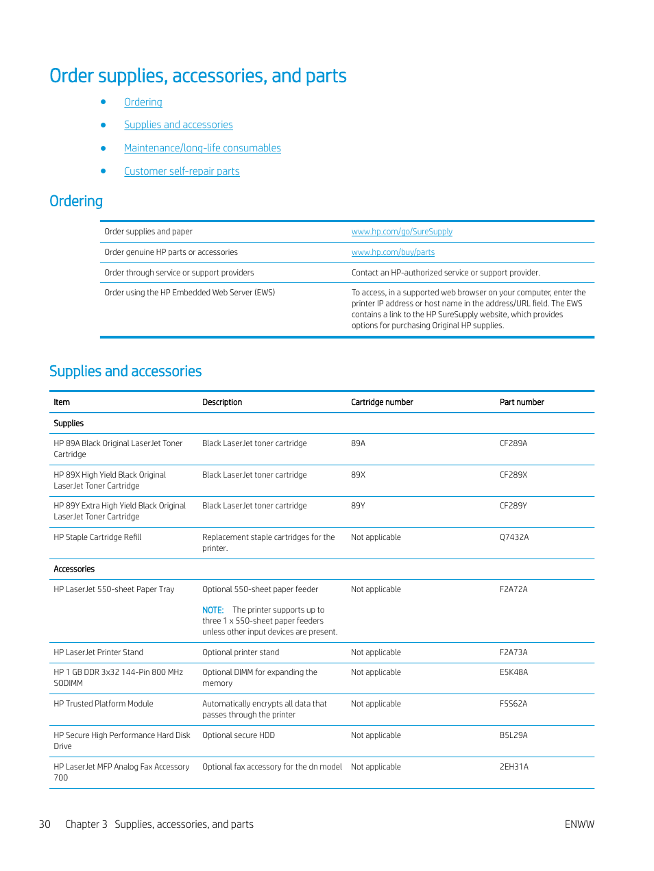 Order supplies, accessories, and parts, Ordering, Supplies and accessories | Ordering supplies and accessories | HP MFP M528f Monochrome Laser Printer User Manual | Page 44 / 248