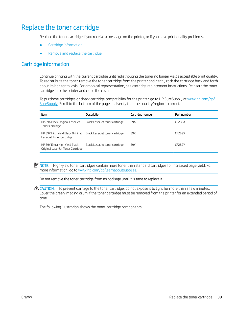 Replace the toner cartridge, Cartridge information | HP MFP M528f Monochrome Laser Printer User Manual | Page 53 / 248