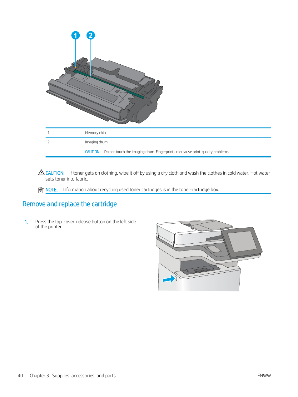Remove and replace the cartridge | HP MFP M528f Monochrome Laser Printer User Manual | Page 54 / 248