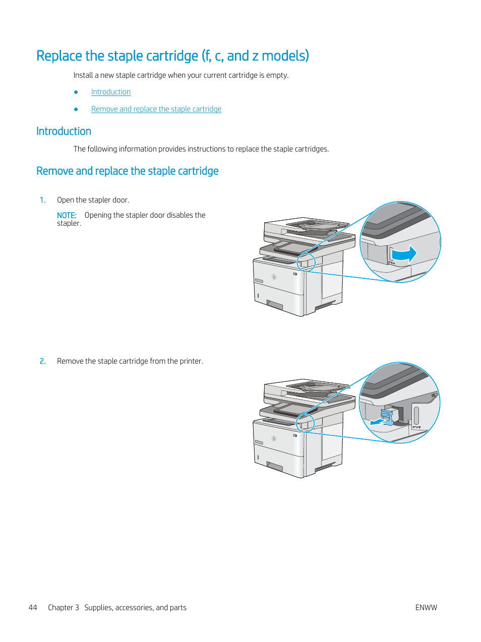 Replace the staple cartridge (f, c, and z models), Introduction, Remove and replace the staple cartridge | HP MFP M528f Monochrome Laser Printer User Manual | Page 58 / 248