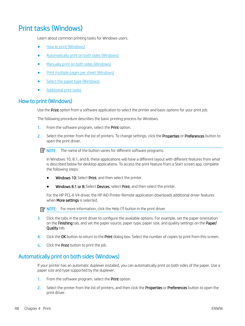 Print tasks (windows), How to print (windows), Automatically print on both sides (windows) | HP MFP M528f Monochrome Laser Printer User Manual | Page 62 / 248