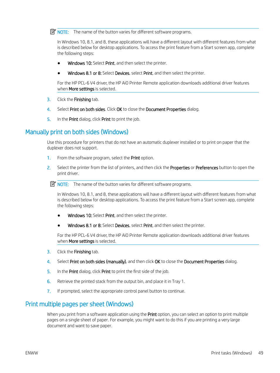 Manually print on both sides (windows), Print multiple pages per sheet (windows) | HP MFP M528f Monochrome Laser Printer User Manual | Page 63 / 248