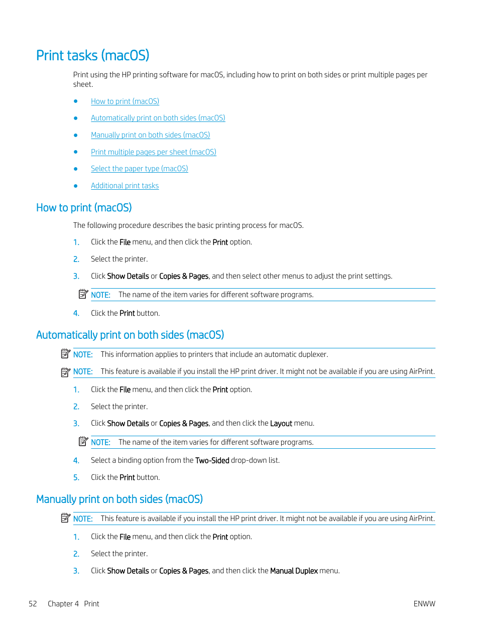 Print tasks (macos), How to print (macos), Automatically print on both sides (macos) | Manually print on both sides (macos) | HP MFP M528f Monochrome Laser Printer User Manual | Page 66 / 248