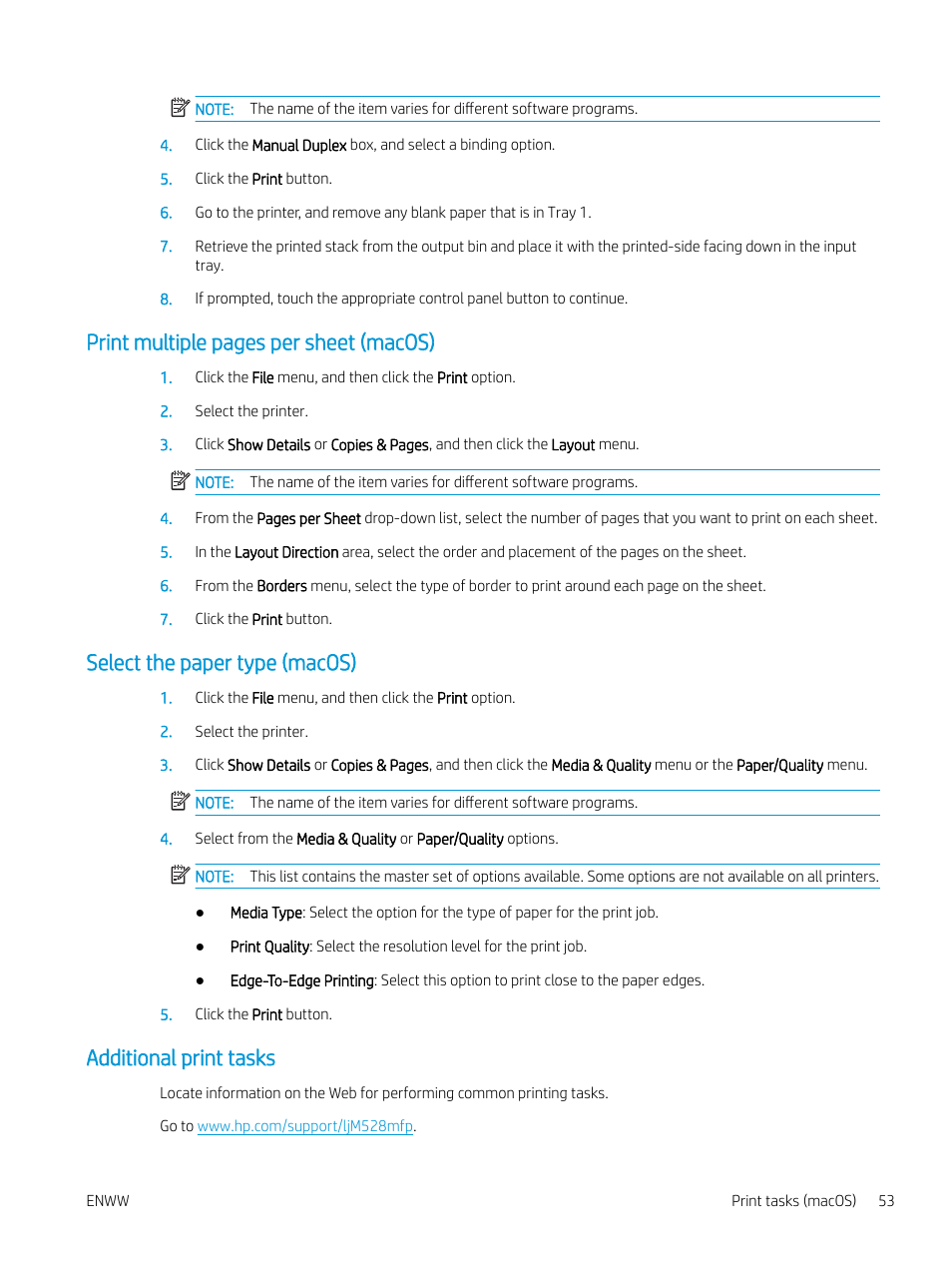 Select the paper type (macos), Additional print tasks, Print multiple pages per sheet (macos) | HP MFP M528f Monochrome Laser Printer User Manual | Page 67 / 248