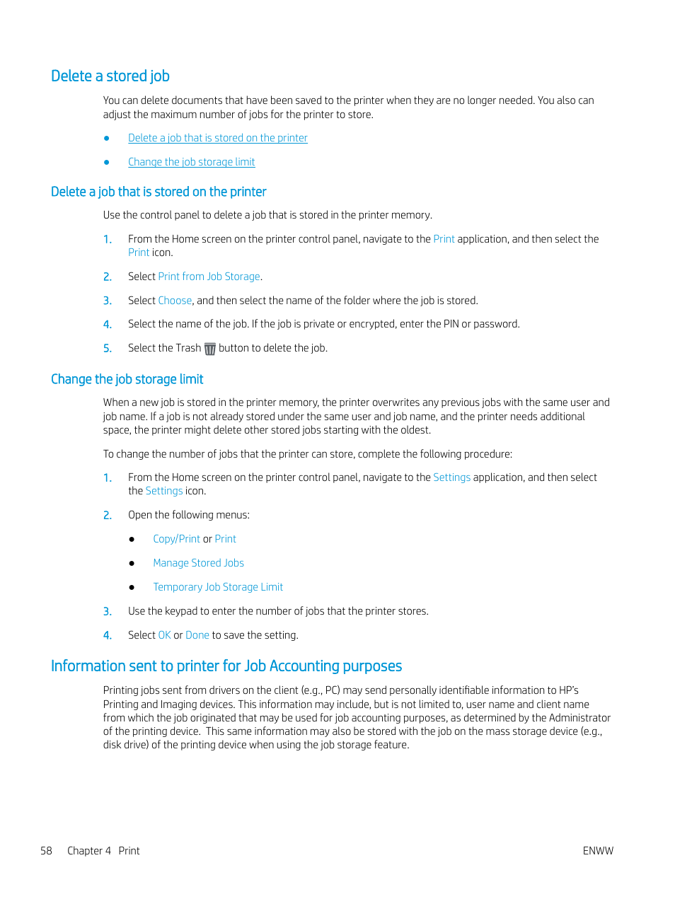 Delete a stored job, Delete a job that is stored on the printer, Change the job storage limit | HP MFP M528f Monochrome Laser Printer User Manual | Page 72 / 248