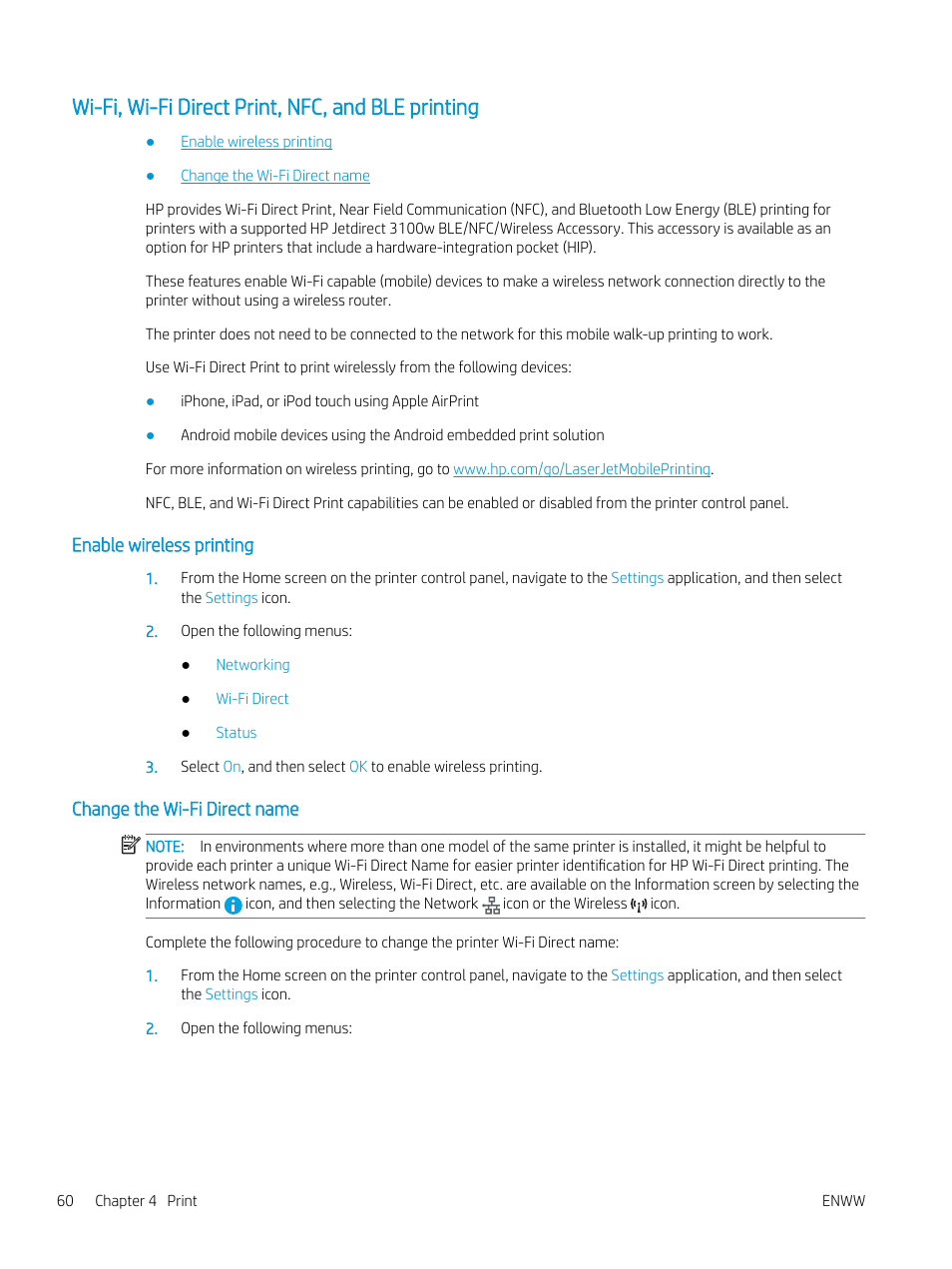 Wi-fi, wi-fi direct print, nfc, and ble printing, Enable wireless printing, Change the wi-fi direct name | HP MFP M528f Monochrome Laser Printer User Manual | Page 74 / 248