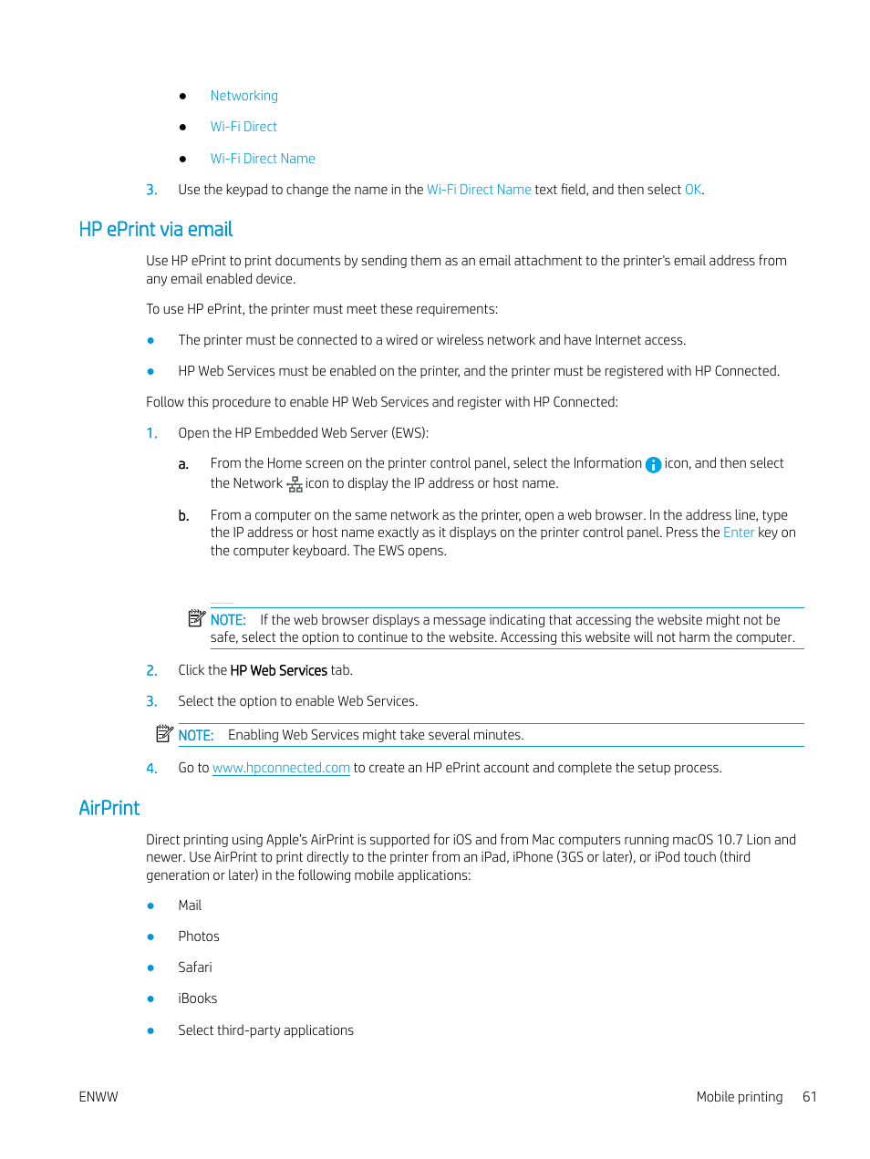 Hp eprint via email, Airprint, Hp eprint via email airprint | HP MFP M528f Monochrome Laser Printer User Manual | Page 75 / 248