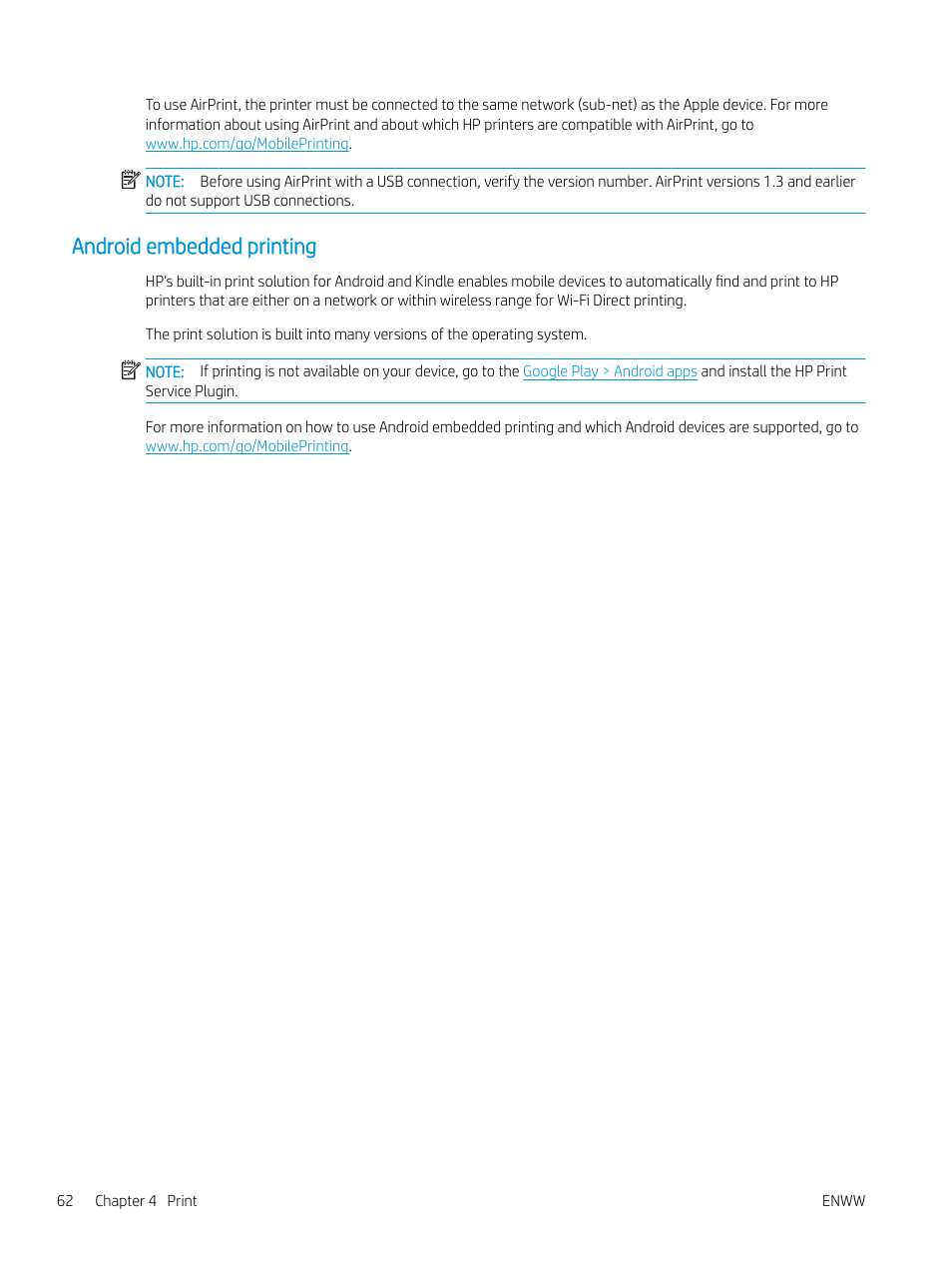 Android embedded printing | HP MFP M528f Monochrome Laser Printer User Manual | Page 76 / 248