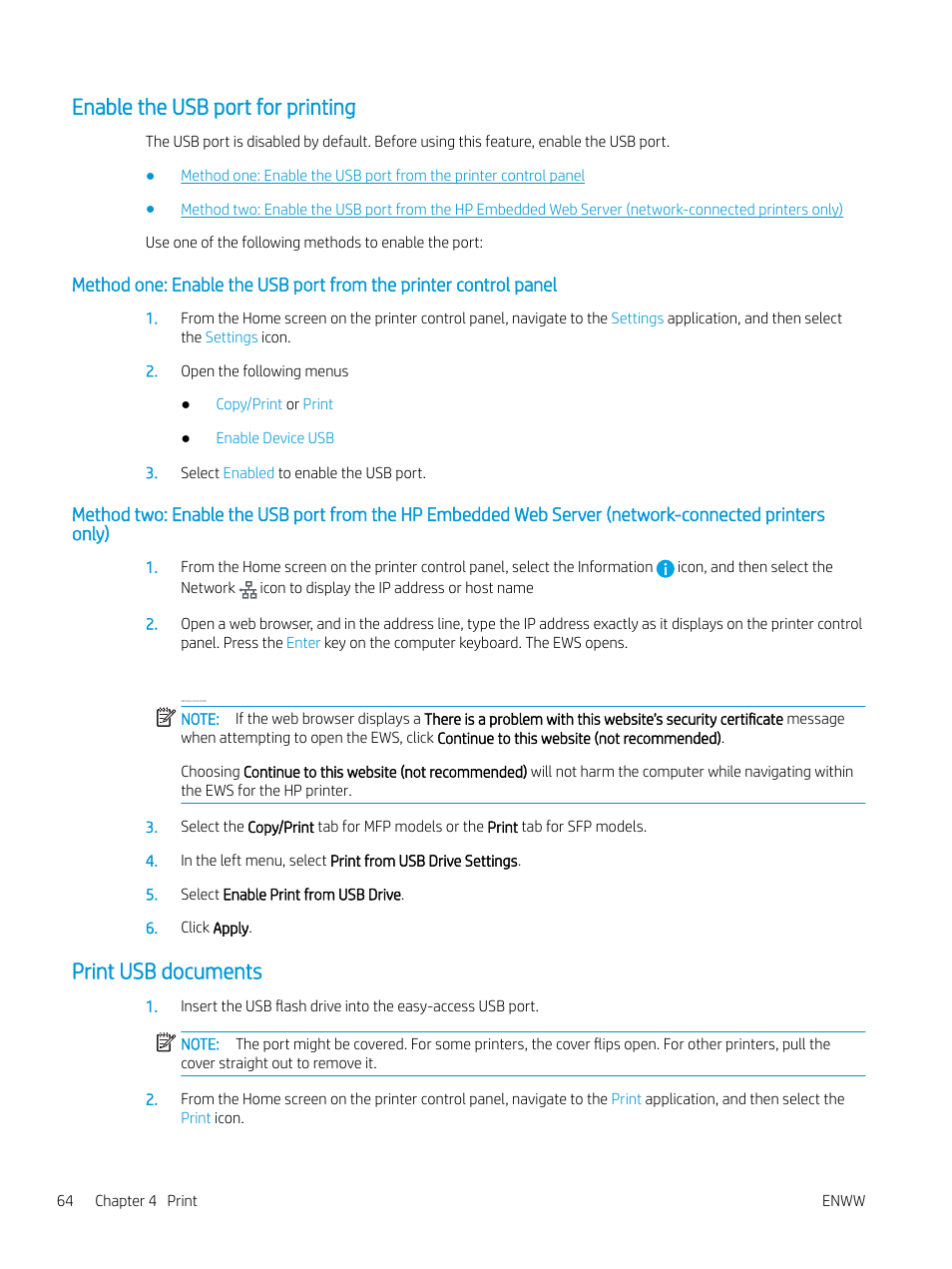 Enable the usb port for printing, Print usb documents | HP MFP M528f Monochrome Laser Printer User Manual | Page 78 / 248