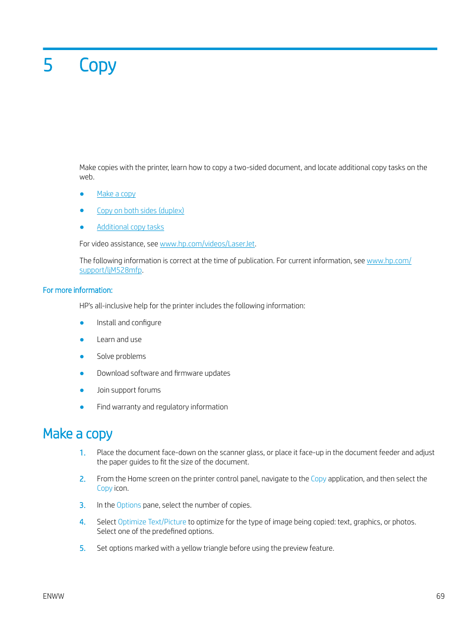 Copy, Make a copy, 5 copy | 5copy | HP MFP M528f Monochrome Laser Printer User Manual | Page 83 / 248