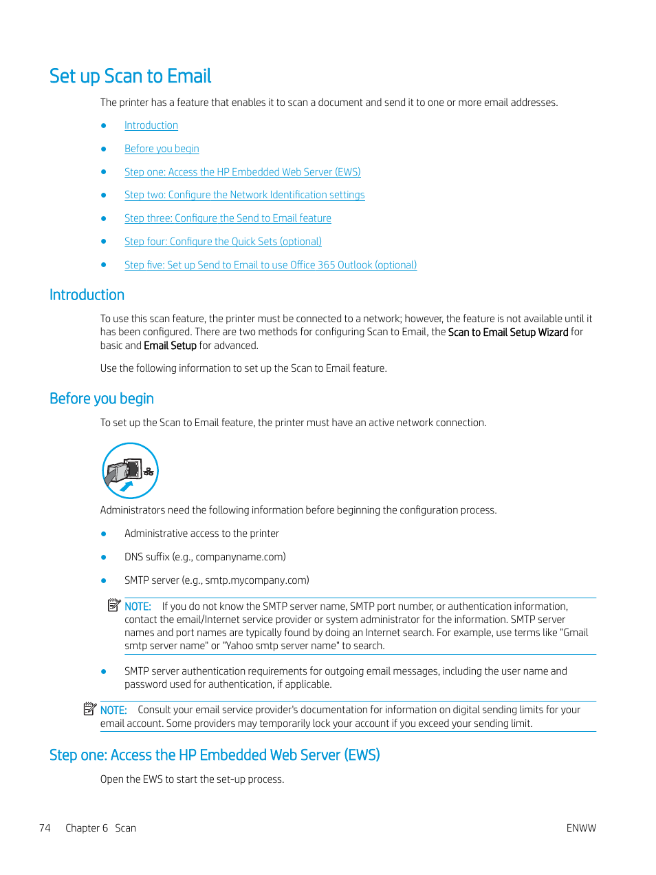 Set up scan to email, Introduction, Before you begin | Step one: access the hp embedded web server (ews) | HP MFP M528f Monochrome Laser Printer User Manual | Page 88 / 248