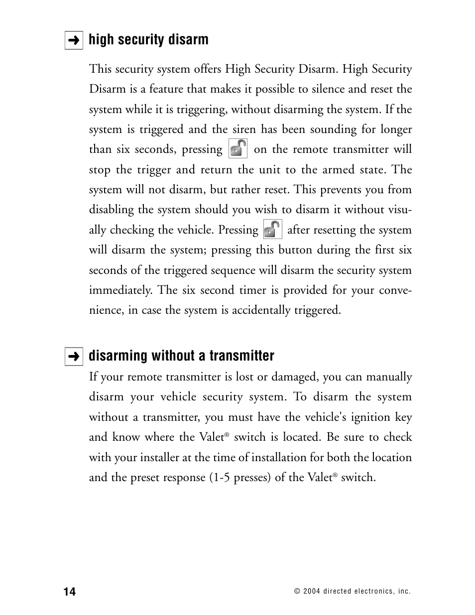 High security disarm, Disarming without a transmitter | Directed Electronics 110XV User Manual | Page 18 / 44