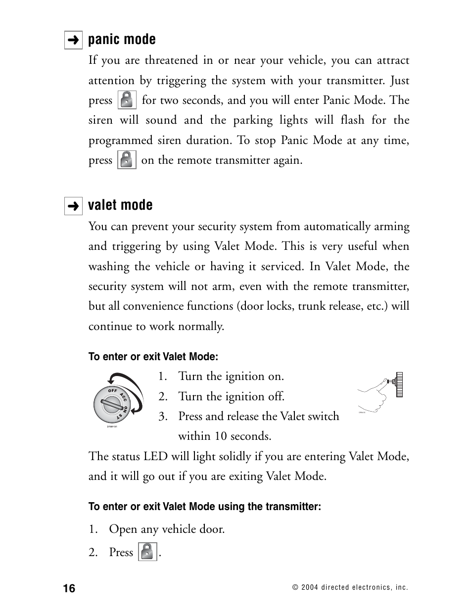 Panic mode, Valet mode | Directed Electronics 110XV User Manual | Page 20 / 44