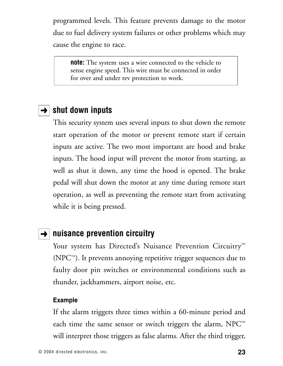 Shut down inputs, Nuisance prevention circuitry | Directed Electronics 110XV User Manual | Page 27 / 44