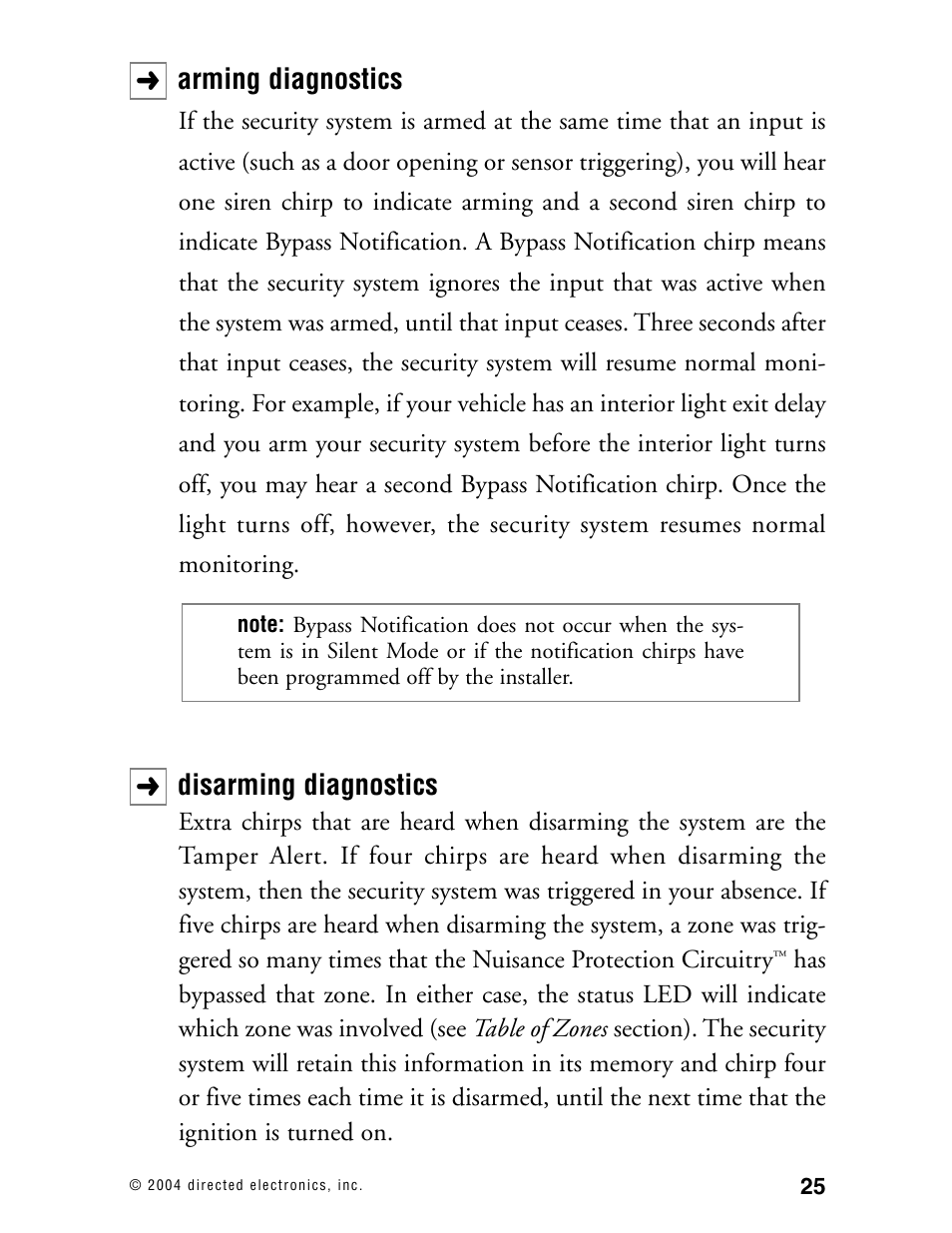 Arming diagnostics, Disarming diagnostics | Directed Electronics 110XV User Manual | Page 29 / 44