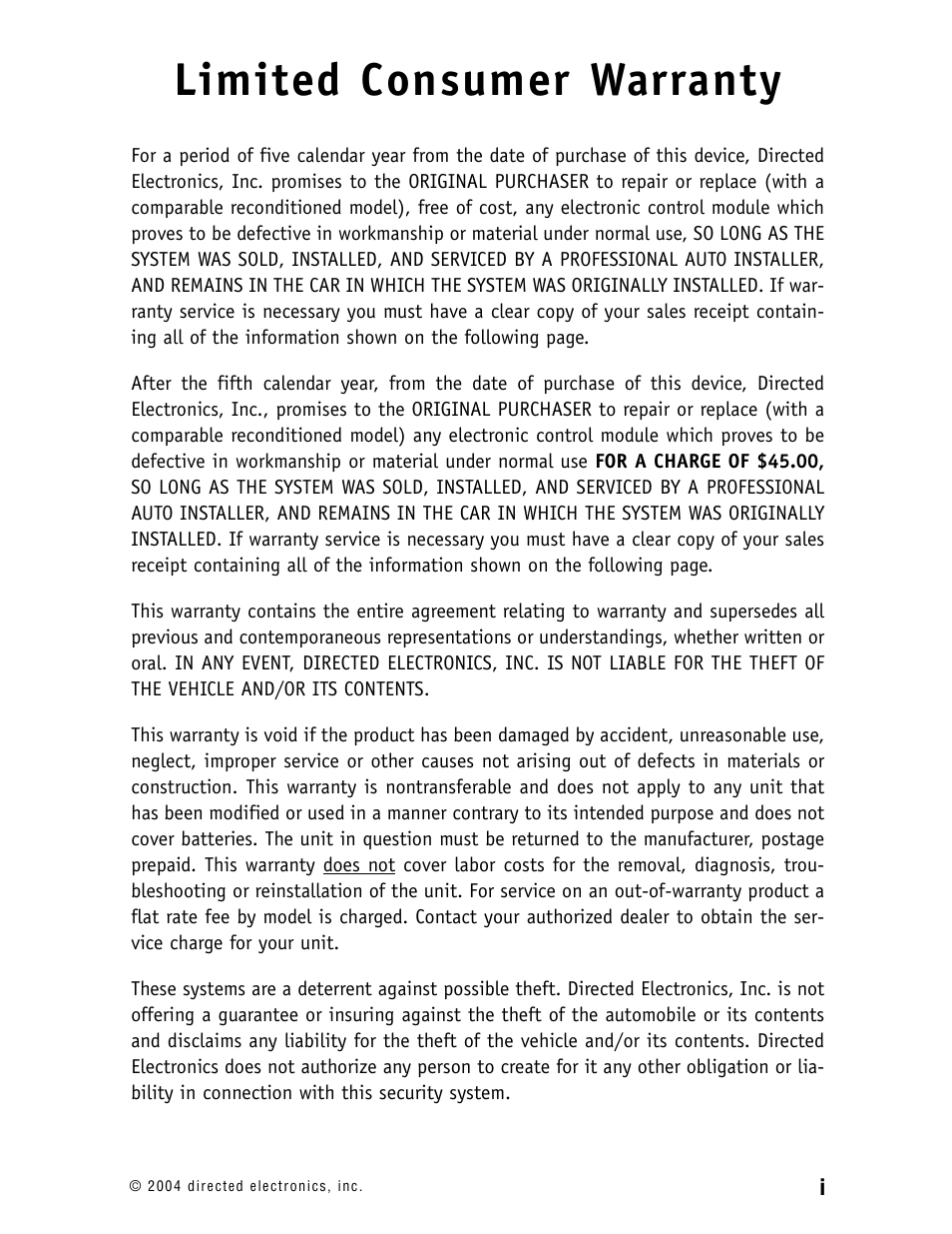 Limited consumer warranty | Directed Electronics 110XV User Manual | Page 3 / 44