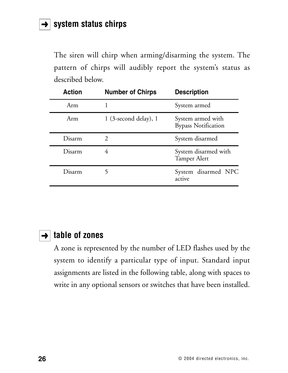 System status chirps, Table of zones | Directed Electronics 110XV User Manual | Page 30 / 44