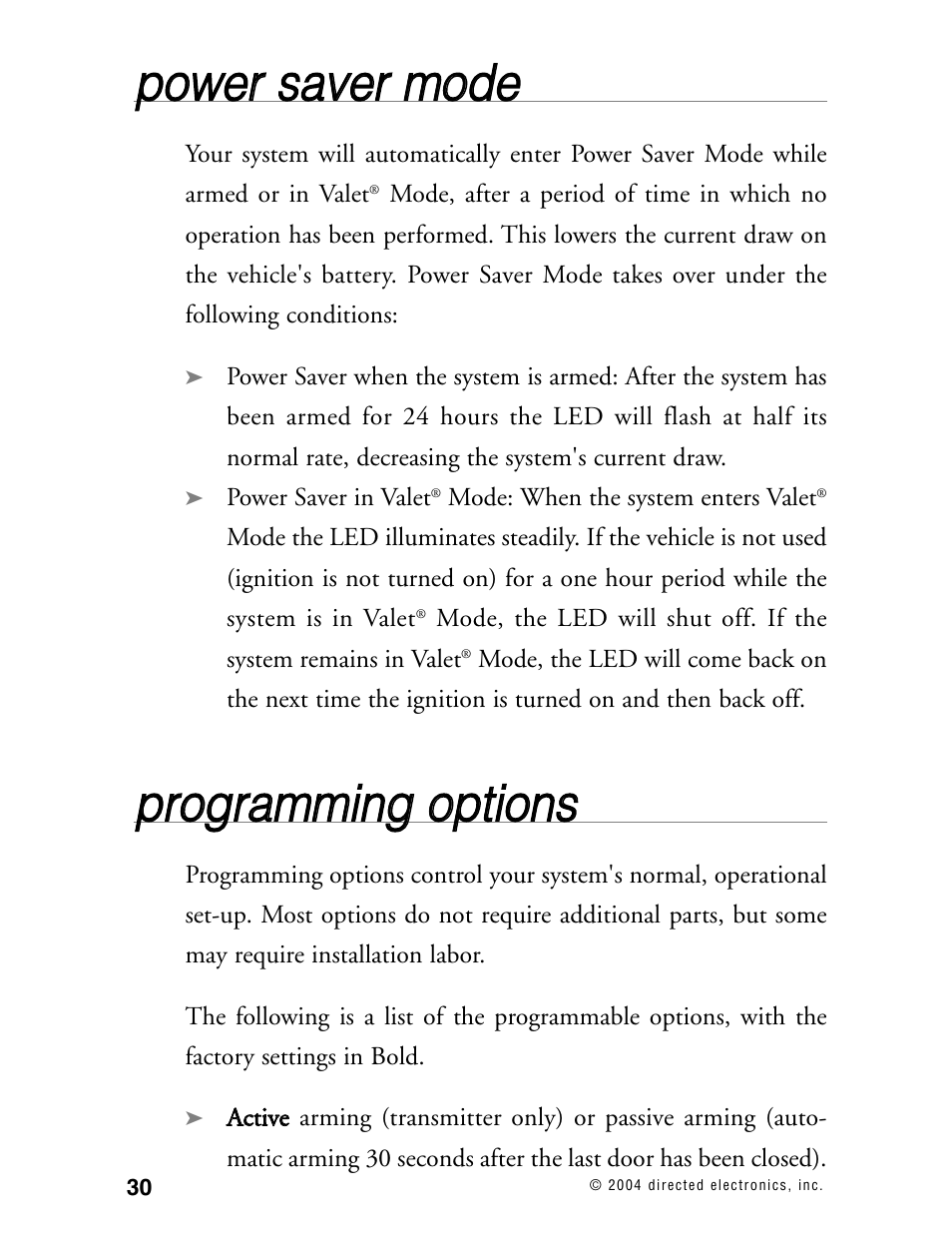 Ppo ow we err ssa avve err m mo od de e, Pprro og grra am mm miin ng g o op pttiio on nss | Directed Electronics 110XV User Manual | Page 34 / 44