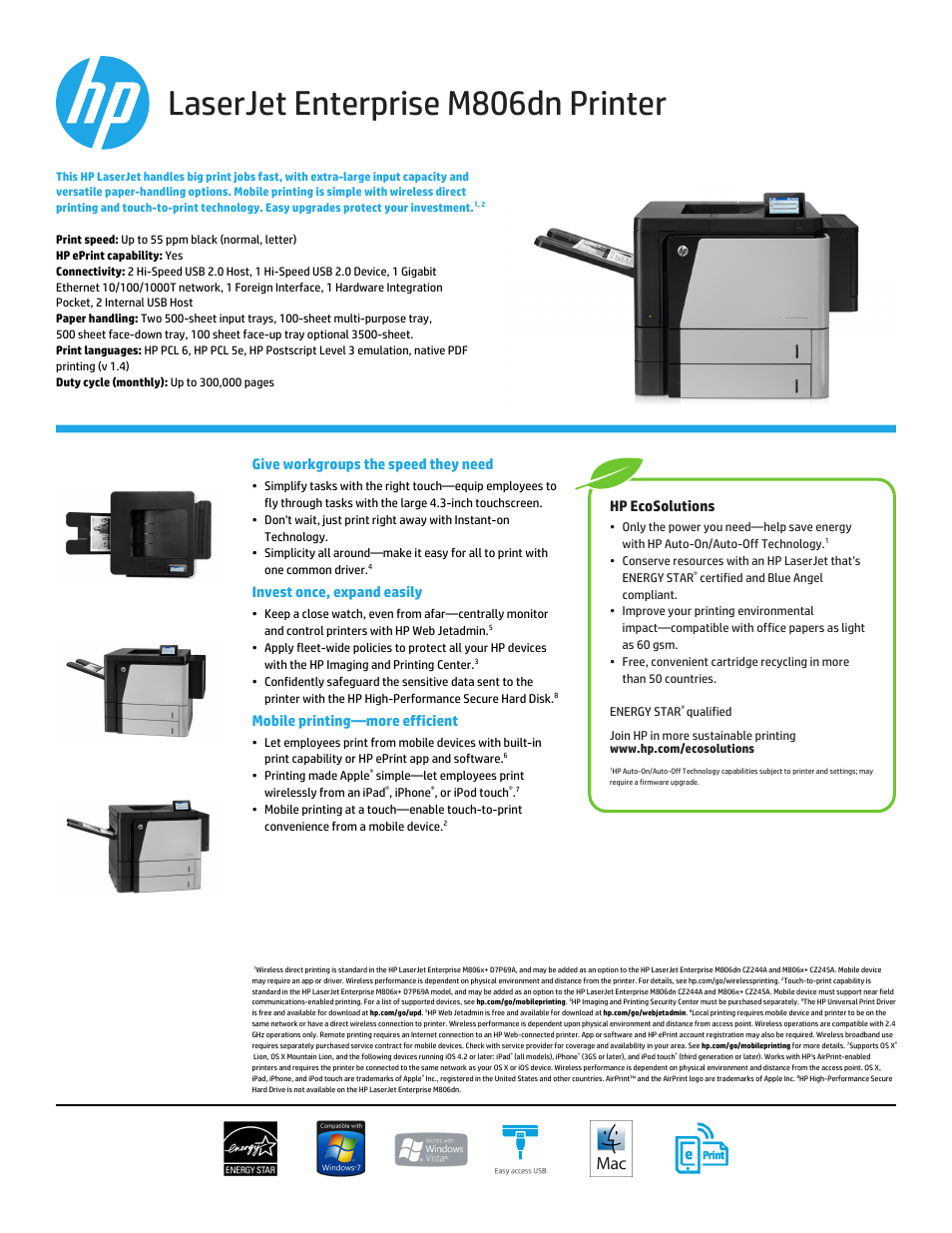 HP LaserJet Enterprise M806dn Black and White Laser Printer User Manual | 2 pages