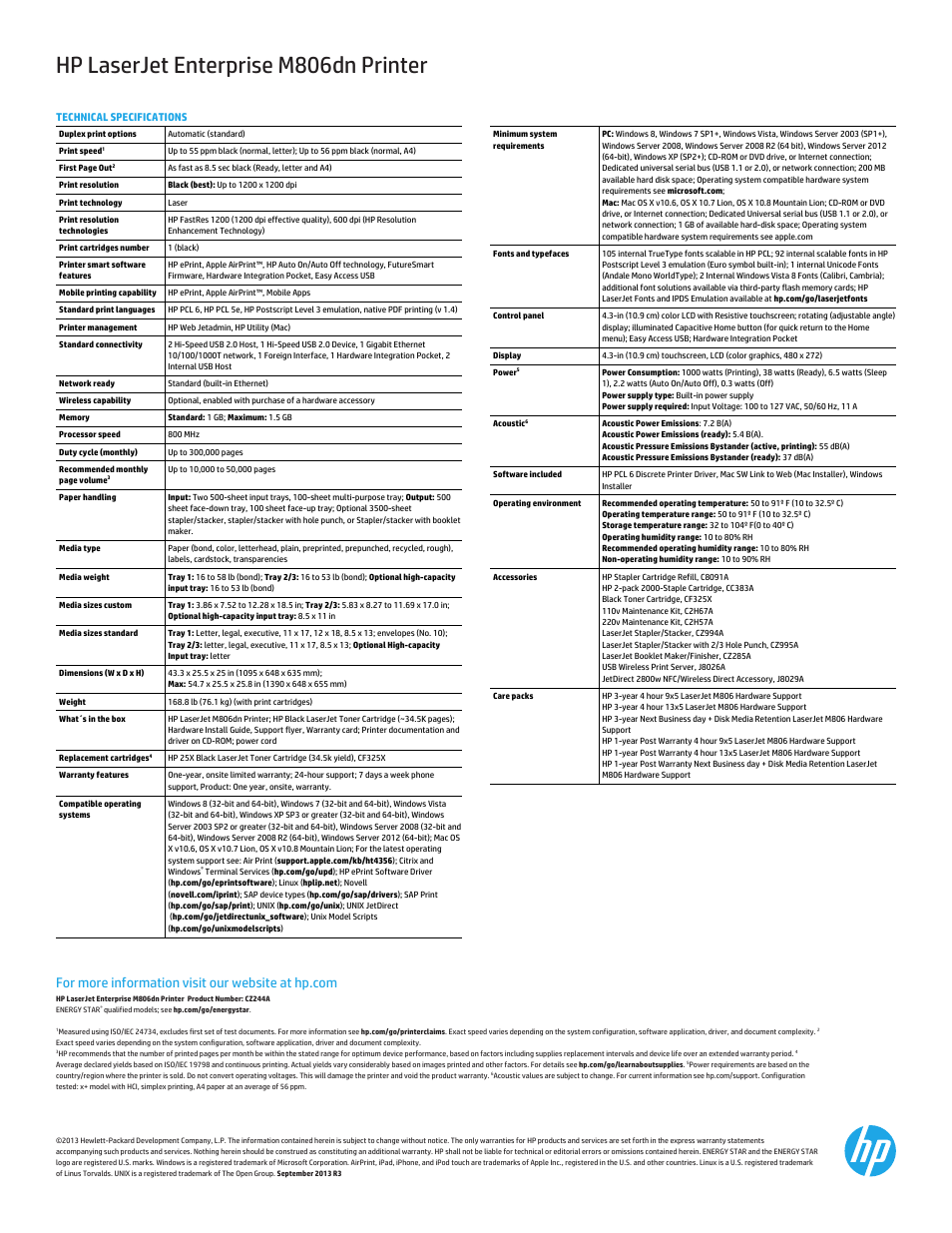 Hp laserjet enterprise m806dn printer | HP LaserJet Enterprise M806dn Black and White Laser Printer User Manual | Page 2 / 2