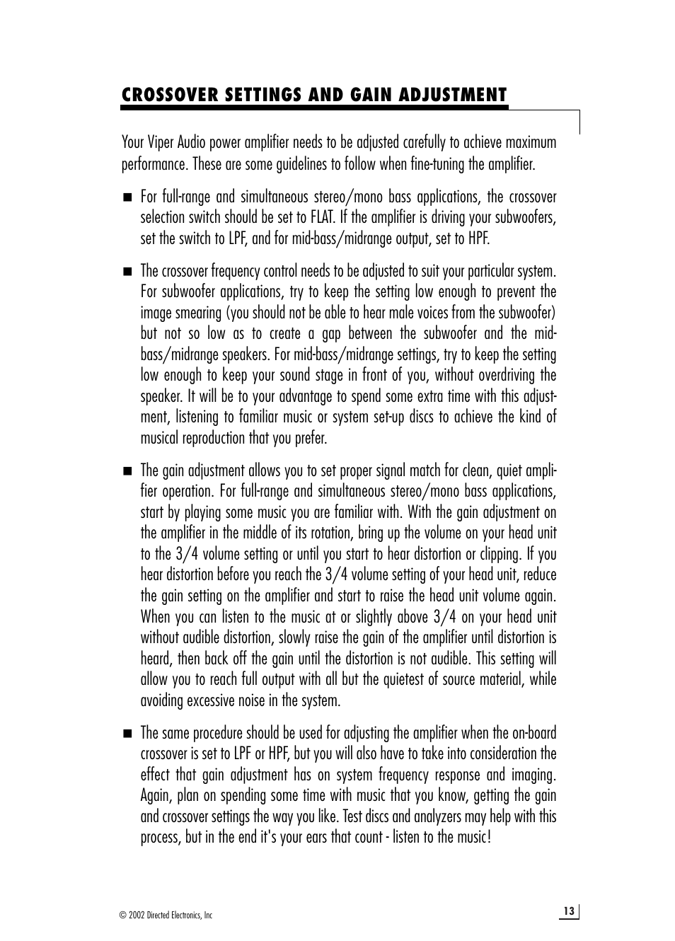 Crossover settings and gain adjustment | Directed Electronics 64602610 400.2 User Manual | Page 13 / 16